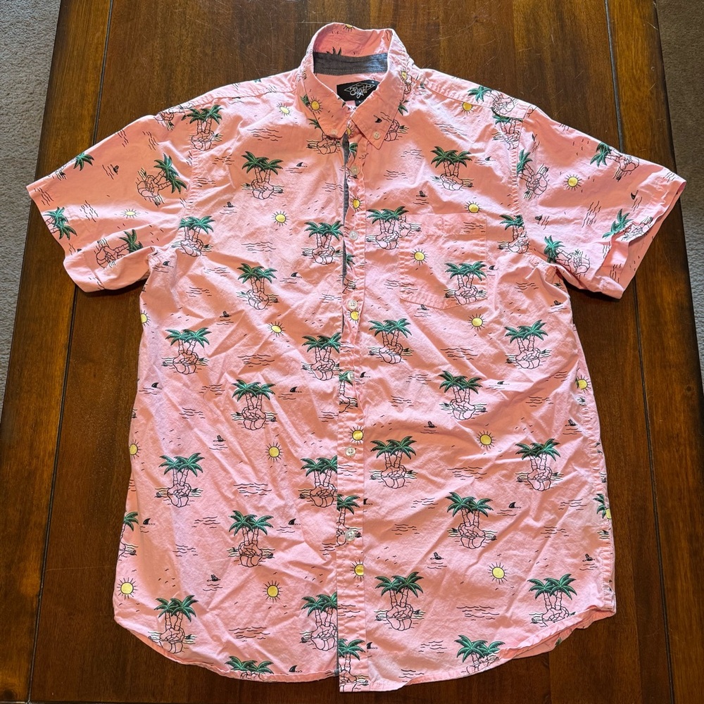 Eighty Eight Pink Palm Print Short-Sleeve Button-Down Shirt‎